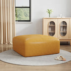 Pouf carré en cuir véritable marron/bleu avec cadre en bois massif – Simple