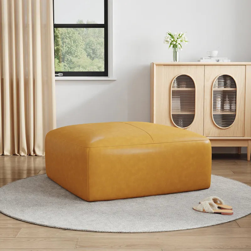 Pouf carré en cuir véritable marron/bleu avec cadre en bois massif – Simple