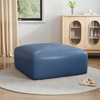 Pouf carré en cuir véritable marron/bleu avec cadre en bois massif – Simple