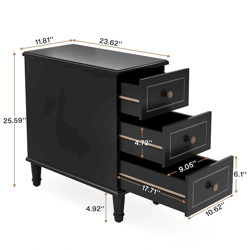 Table d'appoint étroite en bois massif marron foncé / marron clair / noir avec 3 tiroirs – 1 pièce ou 2 pièces