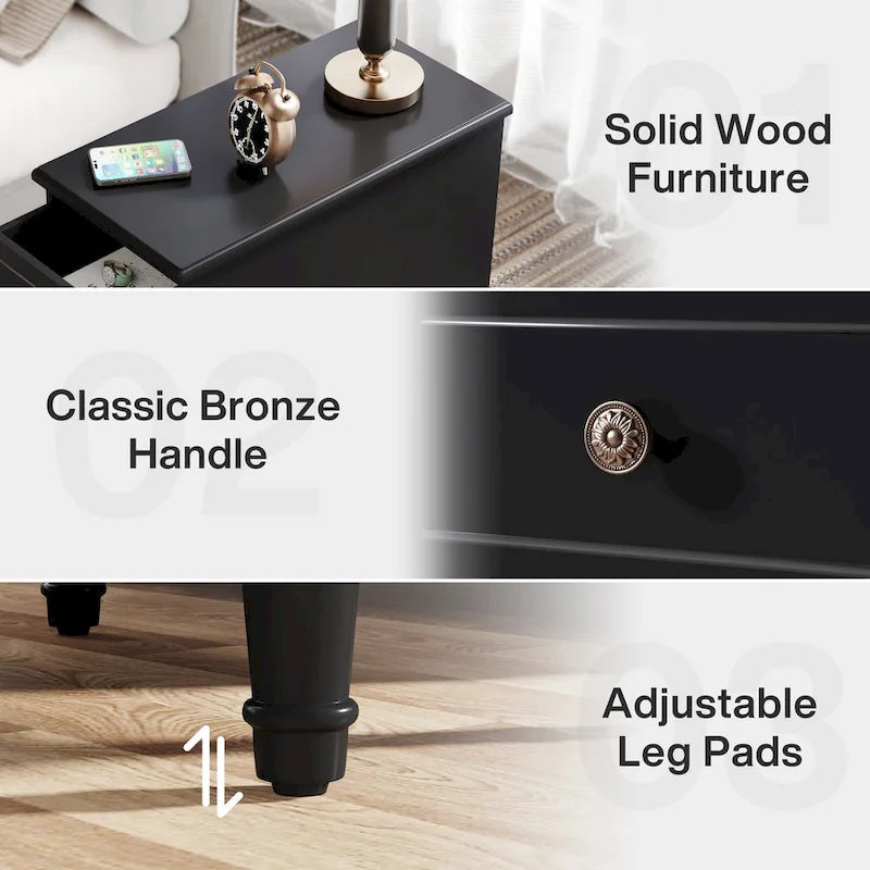 Table d'appoint étroite en bois massif marron foncé / marron clair / noir avec 3 tiroirs – 1 pièce ou 2 pièces