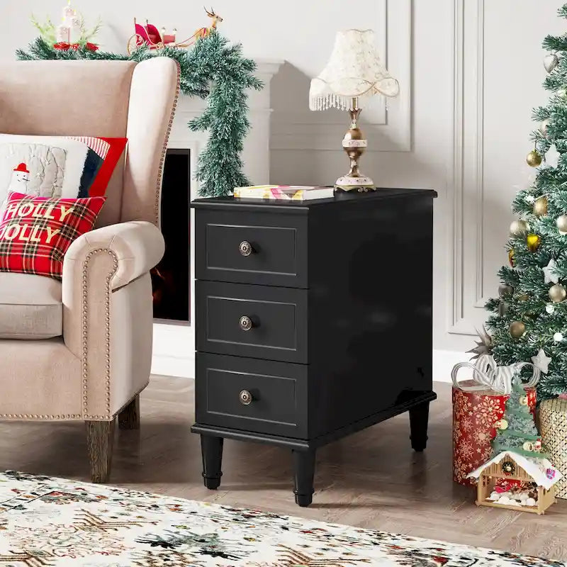 Table d'appoint étroite en bois massif marron foncé / marron clair / noir avec 3 tiroirs – 1 pièce ou 2 pièces