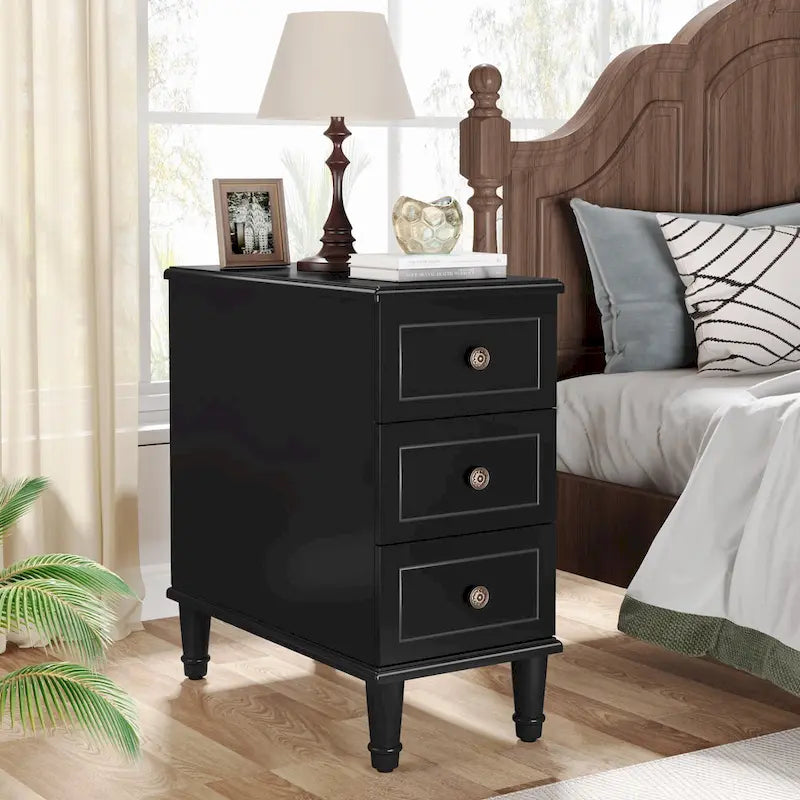 Table d'appoint étroite en bois massif marron foncé / marron clair / noir avec 3 tiroirs – 1 pièce ou 2 pièces