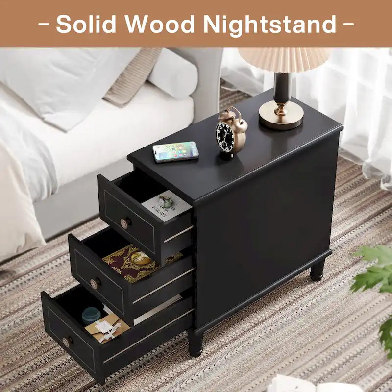 Table d'appoint étroite en bois massif marron foncé / marron clair / noir avec 3 tiroirs – 1 pièce ou 2 pièces