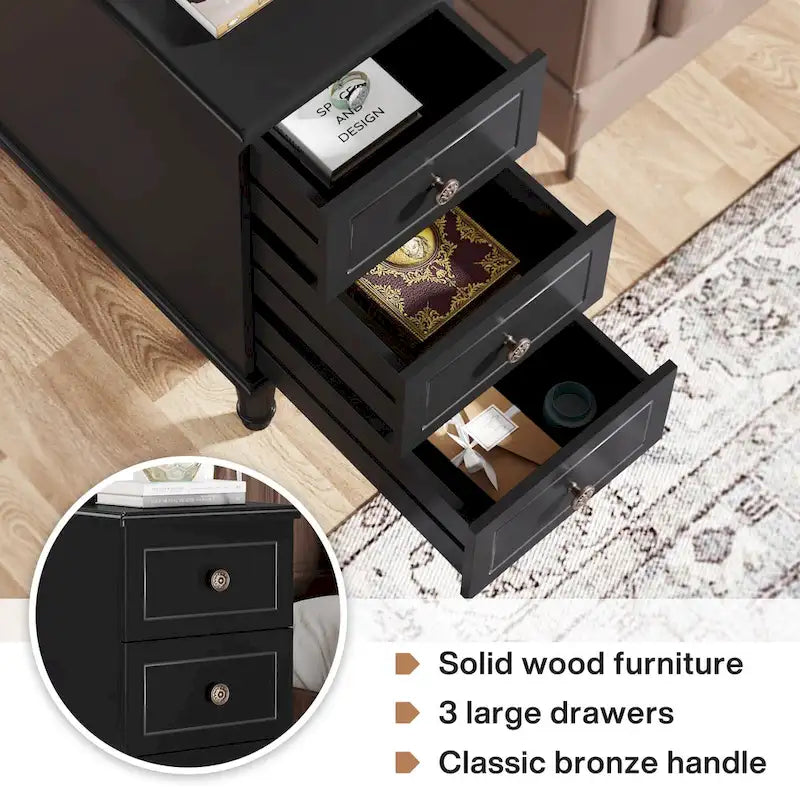 Table d'appoint étroite en bois massif marron foncé / marron clair / noir avec 3 tiroirs – 1 pièce ou 2 pièces