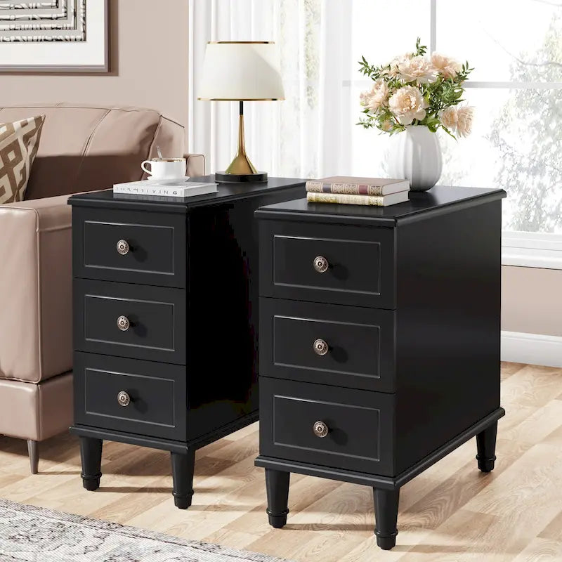 Table d'appoint étroite en bois massif marron foncé / marron clair / noir avec 3 tiroirs – 1 pièce ou 2 pièces