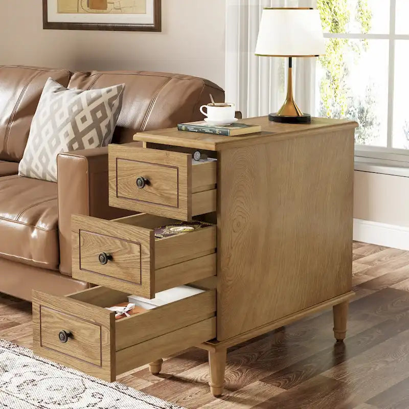 Table d'appoint étroite en bois massif marron foncé / marron clair / noir avec 3 tiroirs – 1 pièce ou 2 pièces