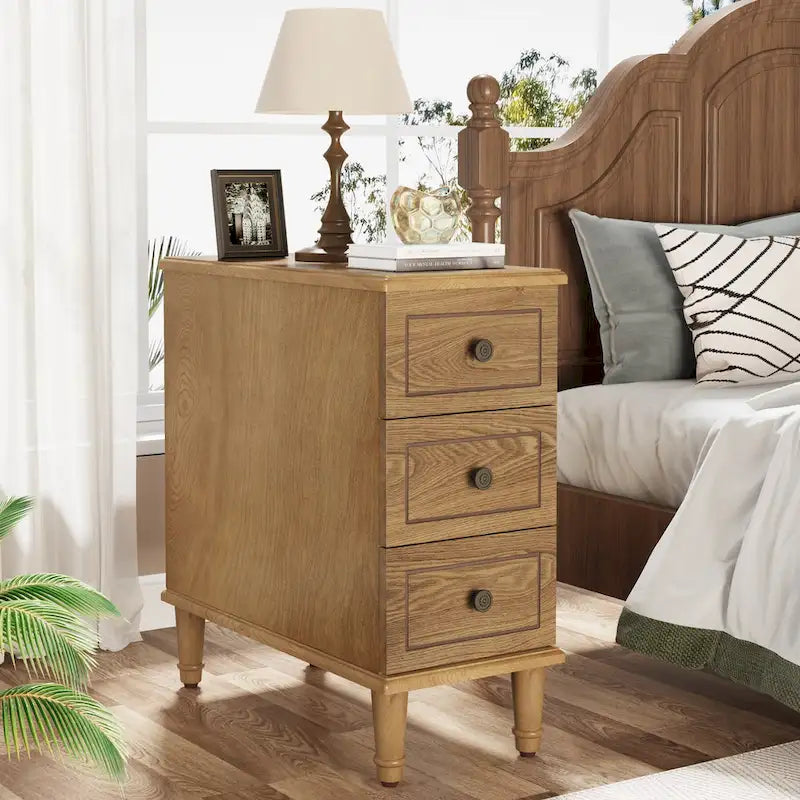 Table d'appoint étroite en bois massif marron foncé / marron clair / noir avec 3 tiroirs – 1 pièce ou 2 pièces