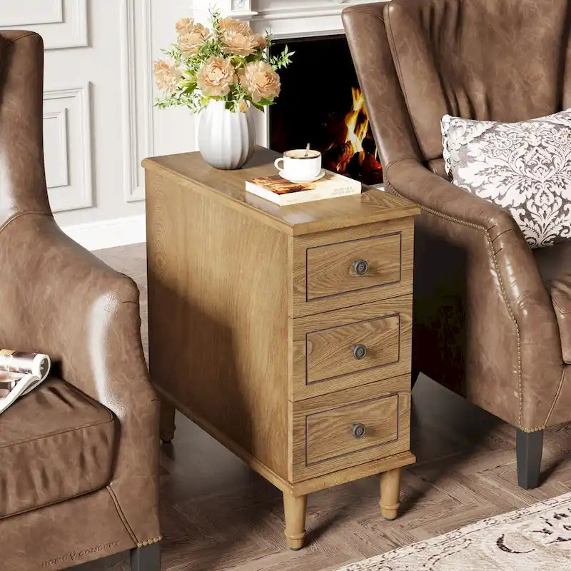 Table d'appoint étroite en bois massif marron foncé / marron clair / noir avec 3 tiroirs – 1 pièce ou 2 pièces