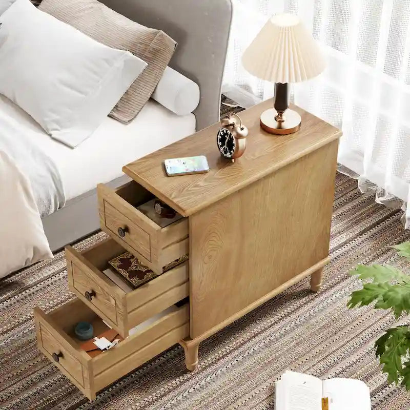 Table d'appoint étroite en bois massif marron foncé / marron clair / noir avec 3 tiroirs – 1 pièce ou 2 pièces