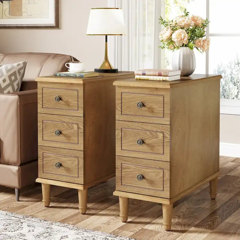 Table d'appoint étroite en bois massif marron foncé / marron clair / noir avec 3 tiroirs – 1 pièce ou 2 pièces