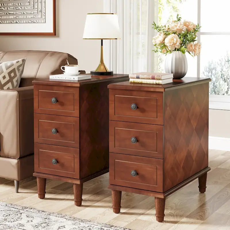 Table d'appoint étroite en bois massif marron foncé / marron clair / noir avec 3 tiroirs – 1 pièce ou 2 pièces