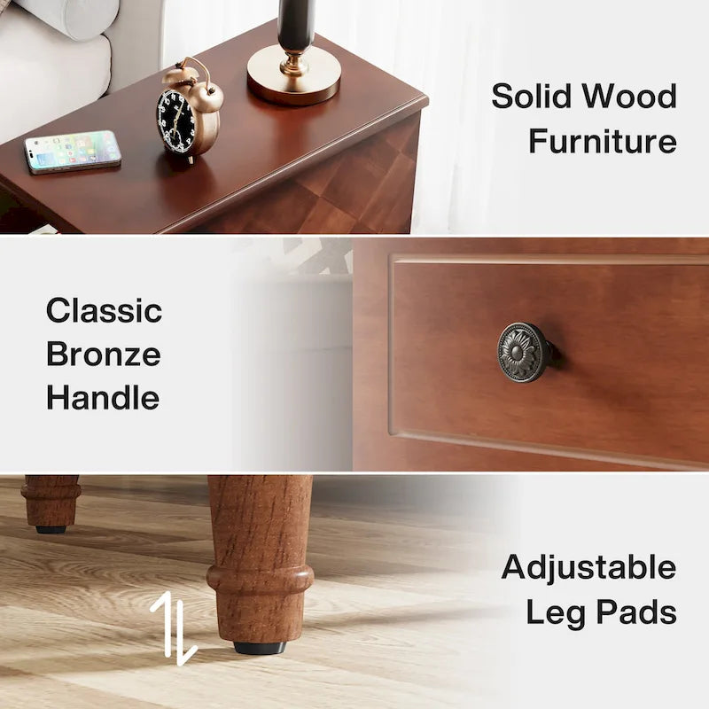 Table d'appoint étroite en bois massif marron foncé / marron clair / noir avec 3 tiroirs – 1 pièce ou 2 pièces