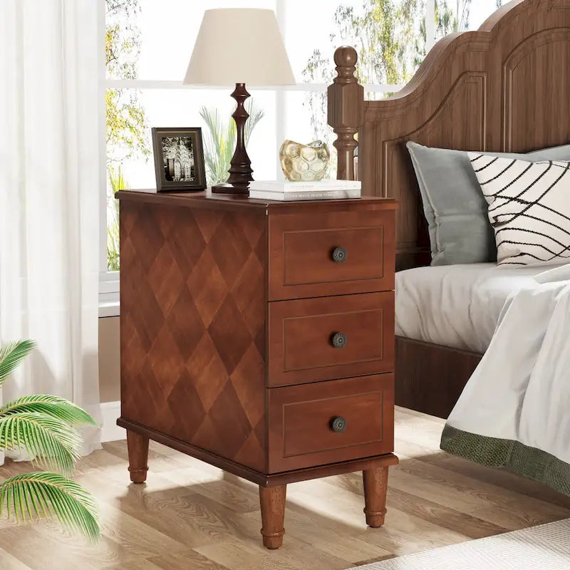 Table d'appoint étroite en bois massif marron foncé / marron clair / noir avec 3 tiroirs – 1 pièce ou 2 pièces