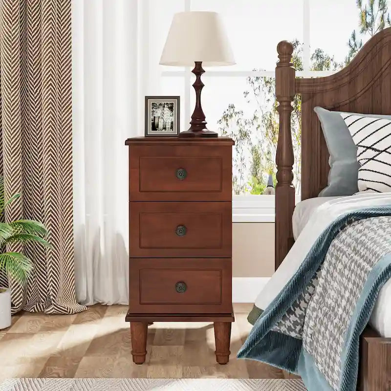 Table d'appoint étroite en bois massif marron foncé / marron clair / noir avec 3 tiroirs – 1 pièce ou 2 pièces