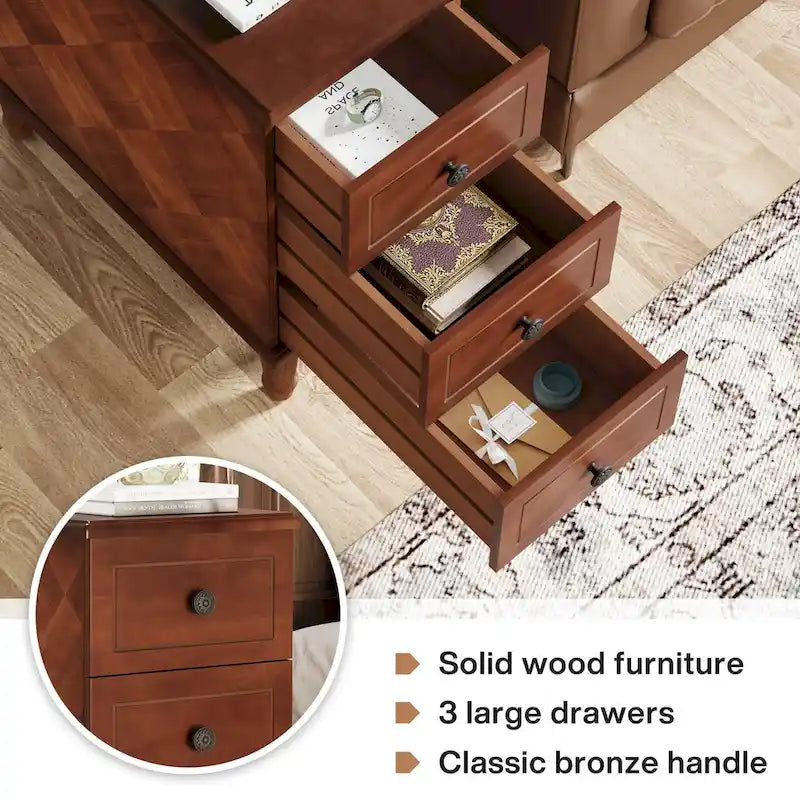 Table d'appoint étroite en bois massif marron foncé / marron clair / noir avec 3 tiroirs – 1 pièce ou 2 pièces