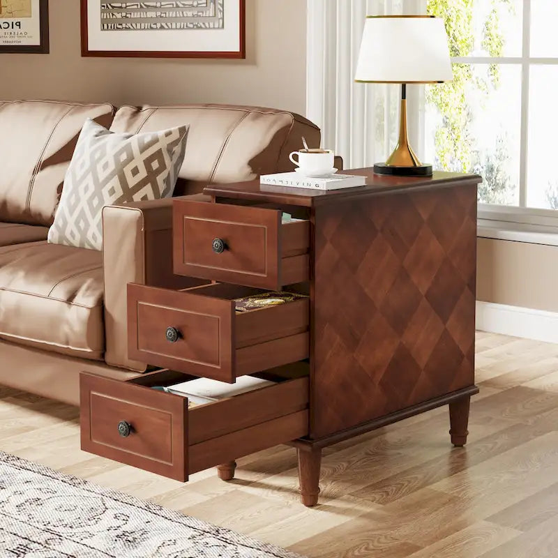 Table d'appoint étroite en bois massif marron foncé / marron clair / noir avec 3 tiroirs – 1 pièce ou 2 pièces