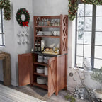 Vaisselier de ferme vintage en MDF Noyer avec plateau en faux marbre, armoire en croisillons et étagères ouvertes – Simple