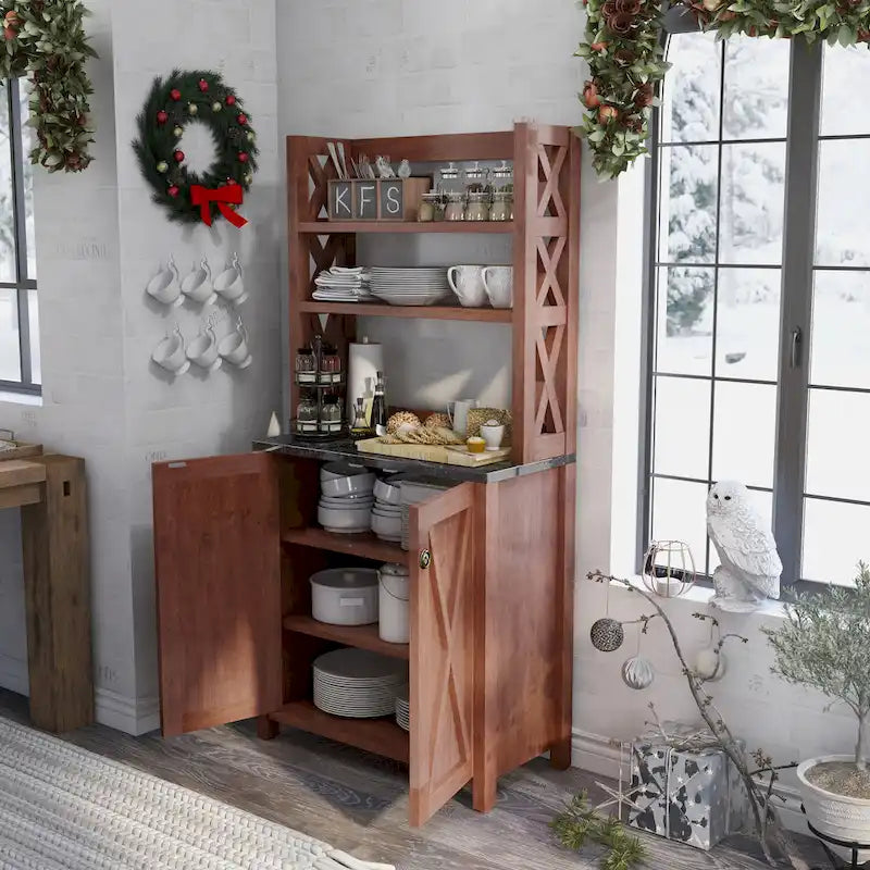 Vaisselier de ferme vintage en MDF Noyer avec plateau en faux marbre, armoire en croisillons et étagères ouvertes – Simple