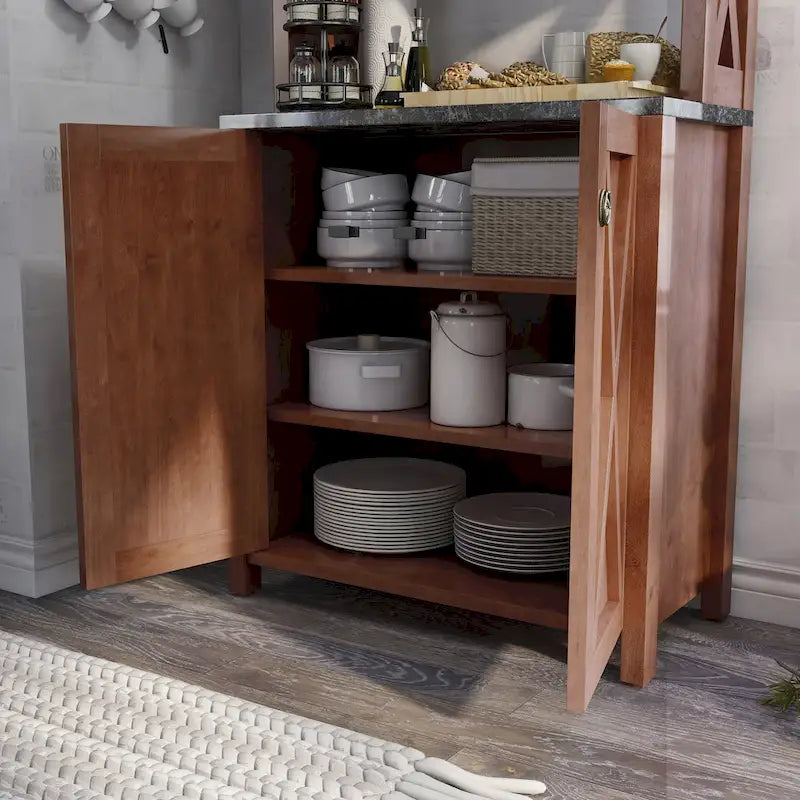 Vaisselier de ferme vintage en MDF Noyer avec plateau en faux marbre, armoire en croisillons et étagères ouvertes – Simple