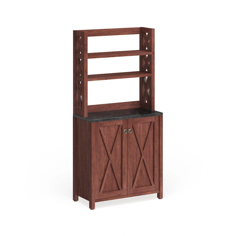 Vaisselier de ferme vintage en MDF Noyer avec plateau en faux marbre, armoire en croisillons et étagères ouvertes – Simple
