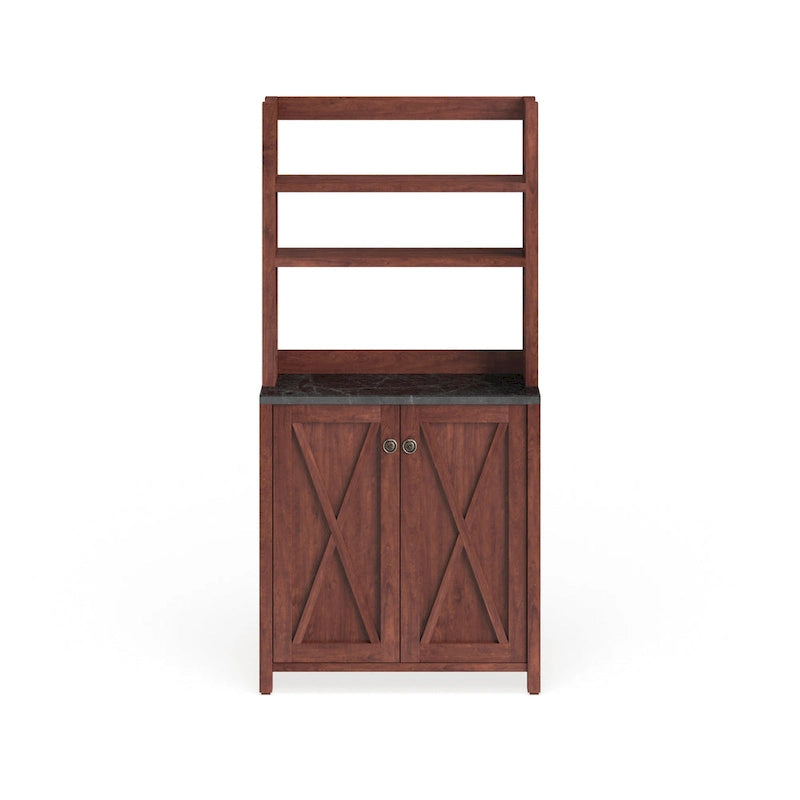 Vaisselier de ferme vintage en MDF Noyer avec plateau en faux marbre, armoire en croisillons et étagères ouvertes – Simple