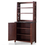 Vaisselier de ferme vintage en MDF Noyer avec plateau en faux marbre, armoire en croisillons et étagères ouvertes – Simple