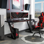 Bureau de jeu en fibre de carbone noire avec lumières LED, ports USB et support de contrôleur – 67,5 po de largeur