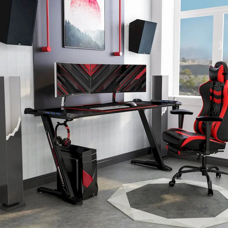 Bureau de jeu en fibre de carbone noire avec lumières LED, ports USB et support de contrôleur – 67,5 po de largeur