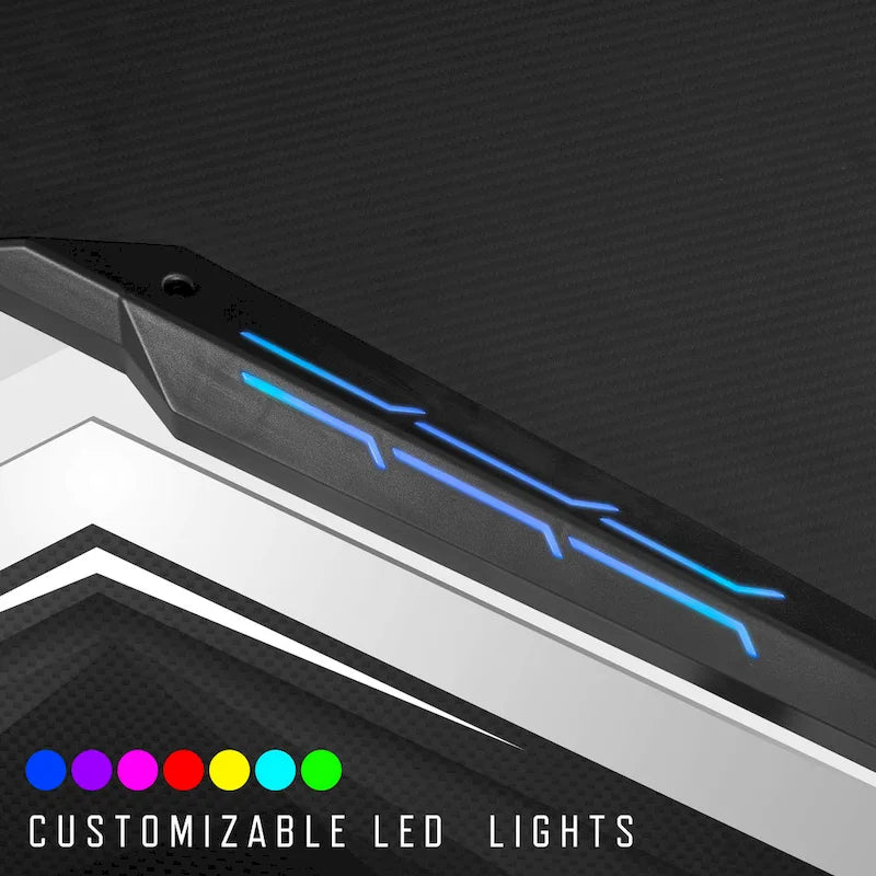 Bureau de jeu en fibre de carbone noire avec lumières LED, ports USB et support de contrôleur – 67,5 po de largeur