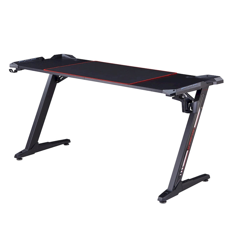 Bureau de jeu en fibre de carbone noire avec lumières LED, ports USB et support de contrôleur – 67,5 po de largeur