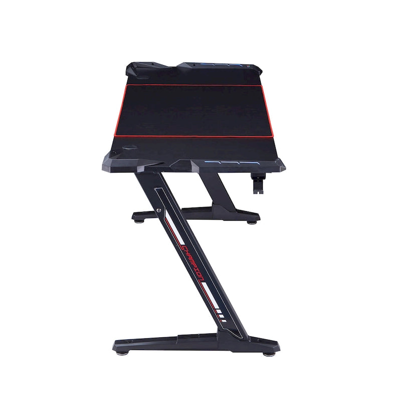 Bureau de jeu en fibre de carbone noire avec lumières LED, ports USB et support de contrôleur – 67,5 po de largeur