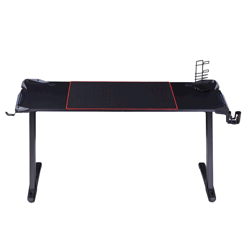 Bureau de jeu en fibre de carbone noire avec lumières LED, ports USB et support de contrôleur – 67,5 po de largeur
