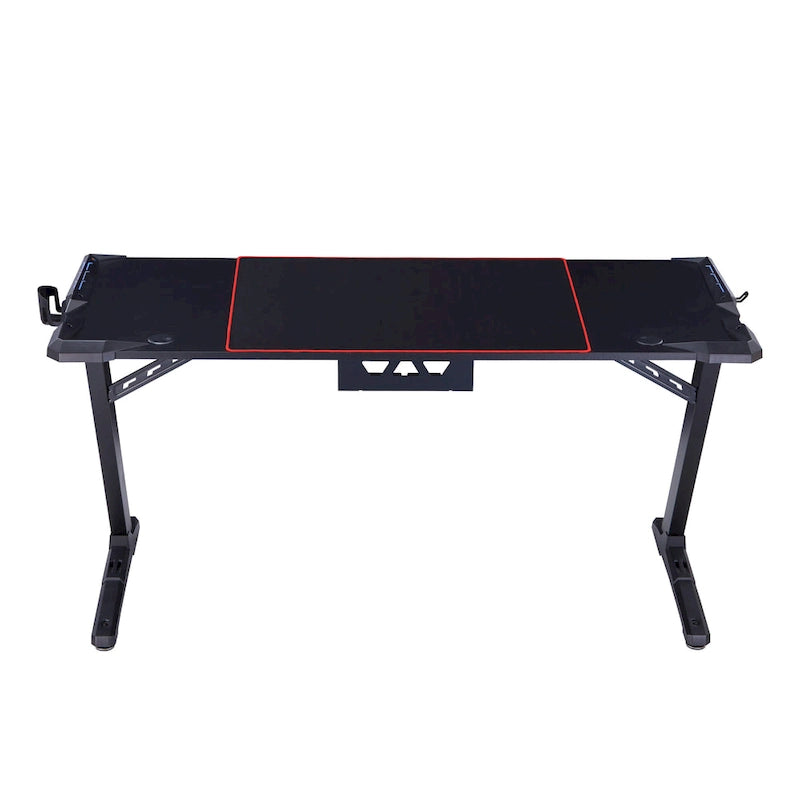 Bureau de jeu en fibre de carbone noire avec lumières LED, ports USB et support de contrôleur – 67,5 po de largeur