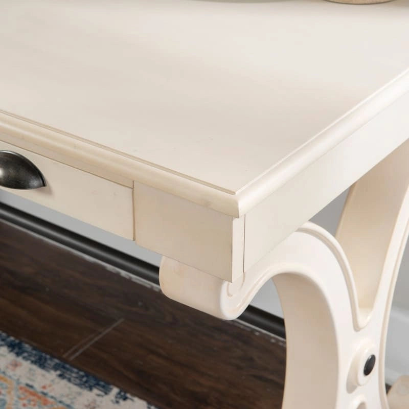 Bureau à 3 tiroirs en placage de bouleau gris et MDF avec pieds en X et poignées en bronze antique – Simple