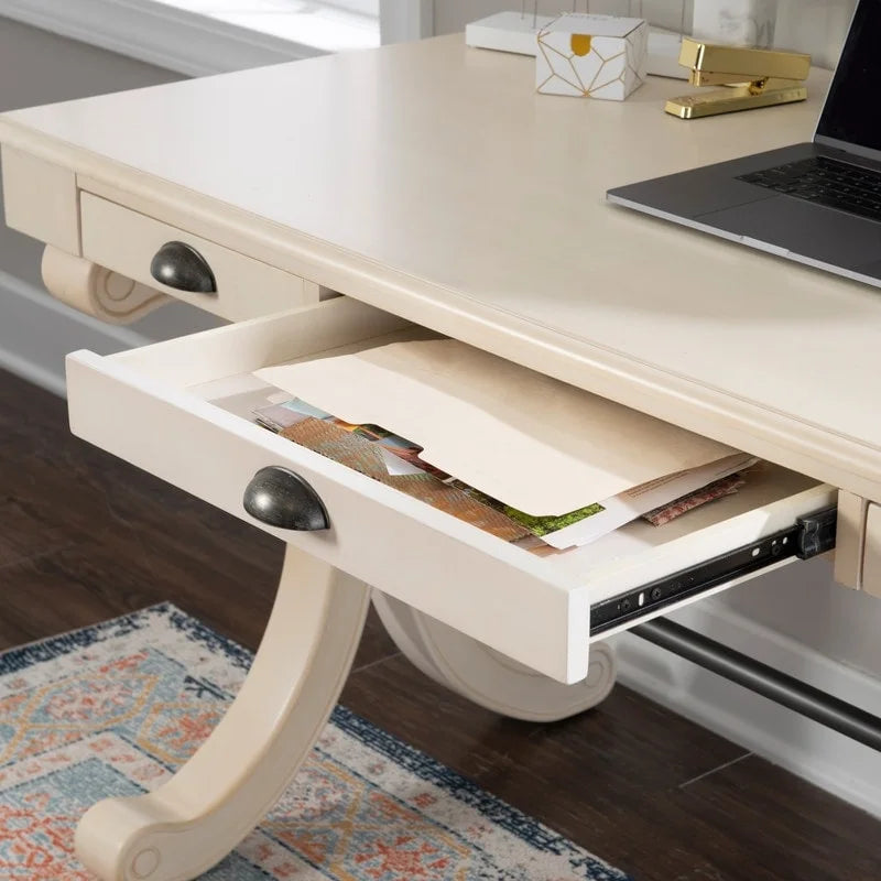 Bureau à 3 tiroirs en placage de bouleau gris et MDF avec pieds en X et poignées en bronze antique – Simple