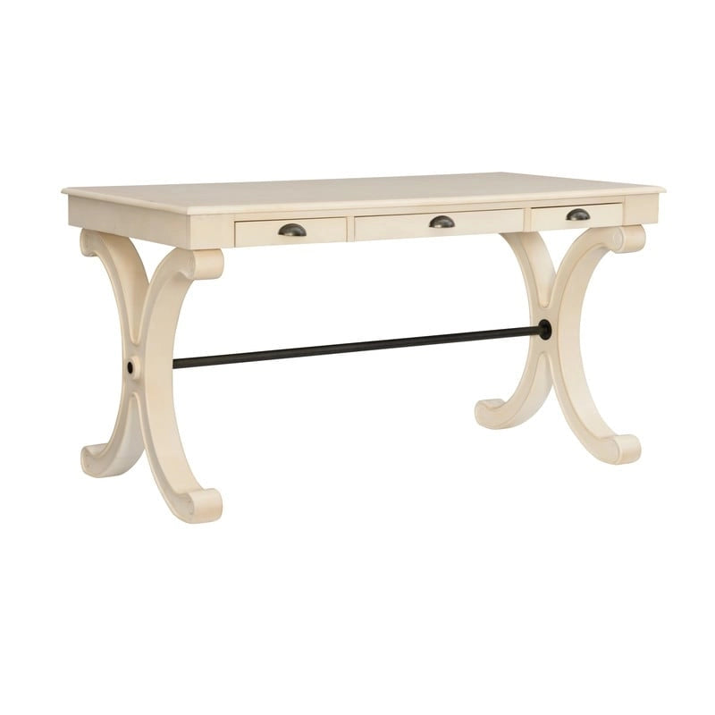 Bureau à 3 tiroirs en placage de bouleau gris et MDF avec pieds en X et poignées en bronze antique – Simple
