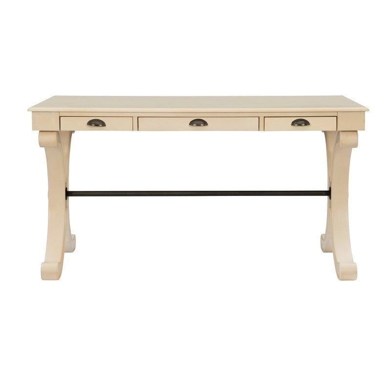 Bureau à 3 tiroirs en placage de bouleau gris et MDF avec pieds en X et poignées en bronze antique – Simple