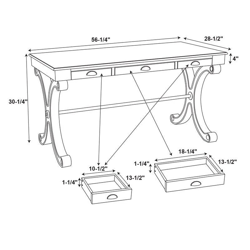 Bureau à 3 tiroirs en placage de bouleau gris et MDF avec pieds en X et poignées en bronze antique – Simple