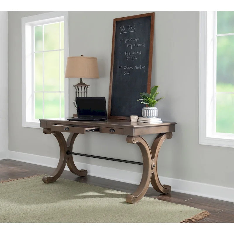 Bureau à 3 tiroirs en placage de bouleau gris et MDF avec pieds en X et poignées en bronze antique – Simple