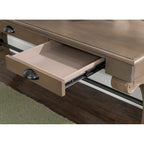 Bureau à 3 tiroirs en placage de bouleau gris et MDF avec pieds en X et poignées en bronze antique – Simple