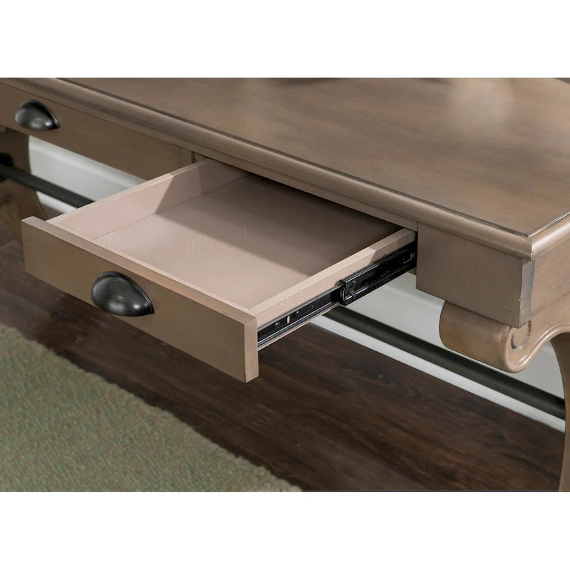 Bureau à 3 tiroirs en placage de bouleau gris et MDF avec pieds en X et poignées en bronze antique – Simple
