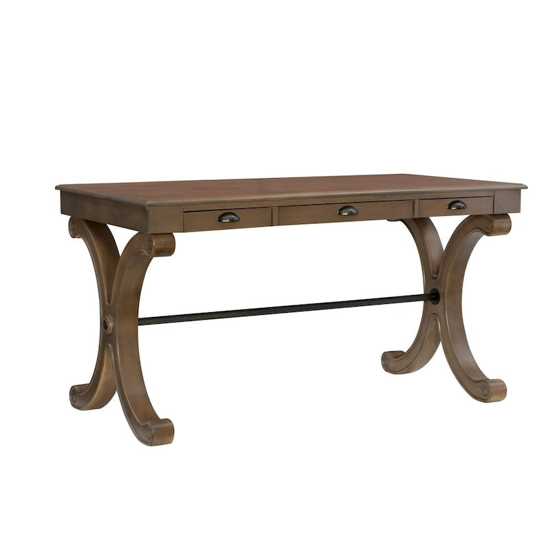 Bureau à 3 tiroirs en placage de bouleau gris et MDF avec pieds en X et poignées en bronze antique – Simple