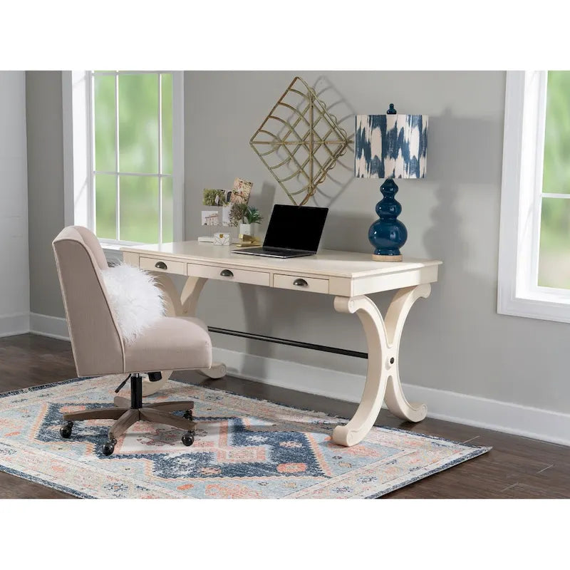 Bureau à 3 tiroirs en placage de bouleau gris et MDF avec pieds en X et poignées en bronze antique – Simple