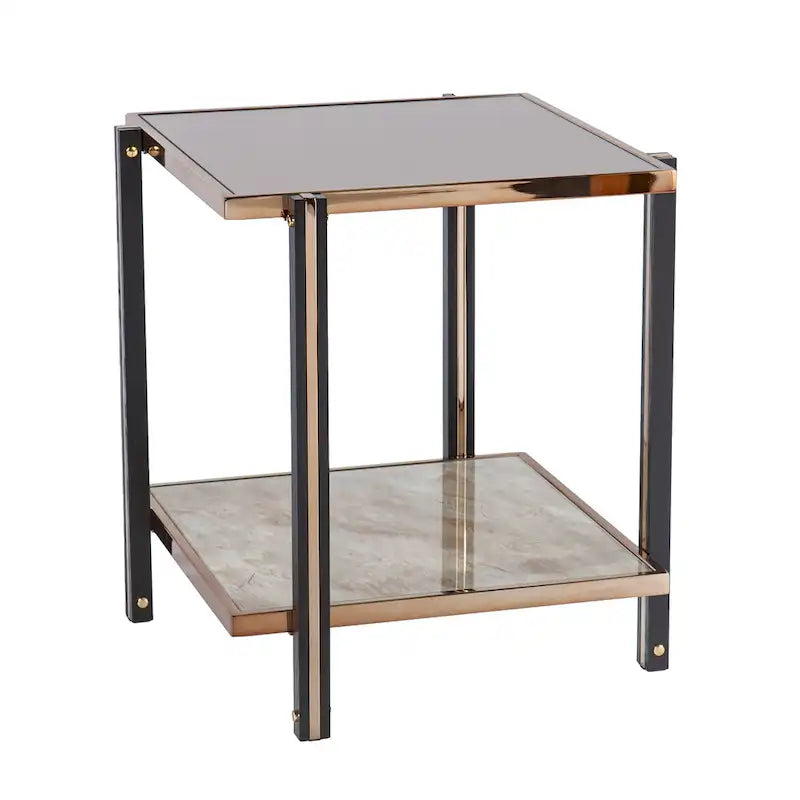 Table d'appoint Champagne et Verre Fumé avec Plateau Inférieur en Faux Marbre – Simple