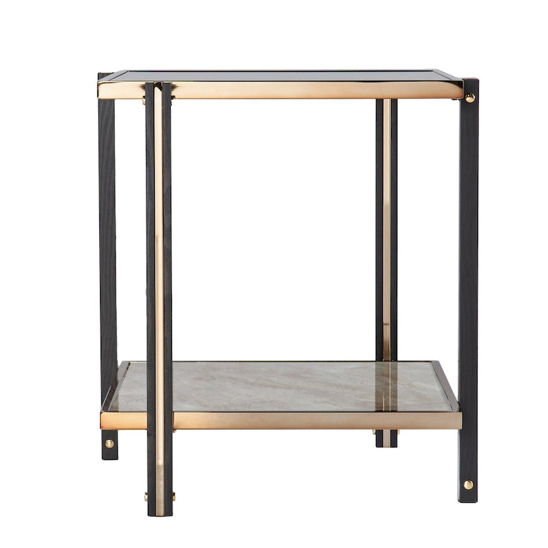 Table d'appoint Champagne et Verre Fumé avec Plateau Inférieur en Faux Marbre – Simple