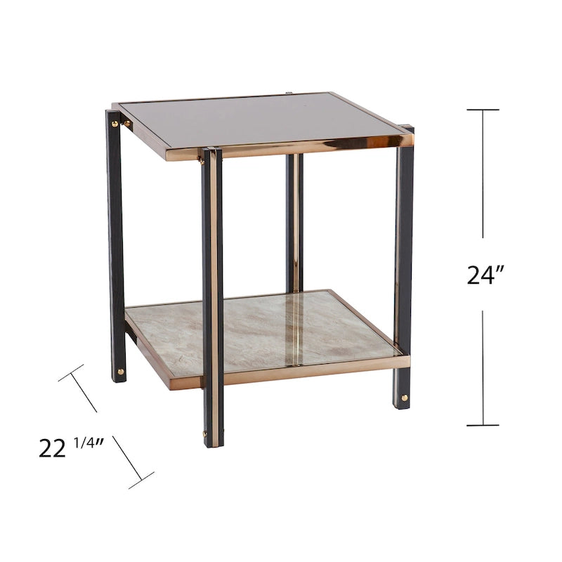 Table d'appoint Champagne et Verre Fumé avec Plateau Inférieur en Faux Marbre – Simple