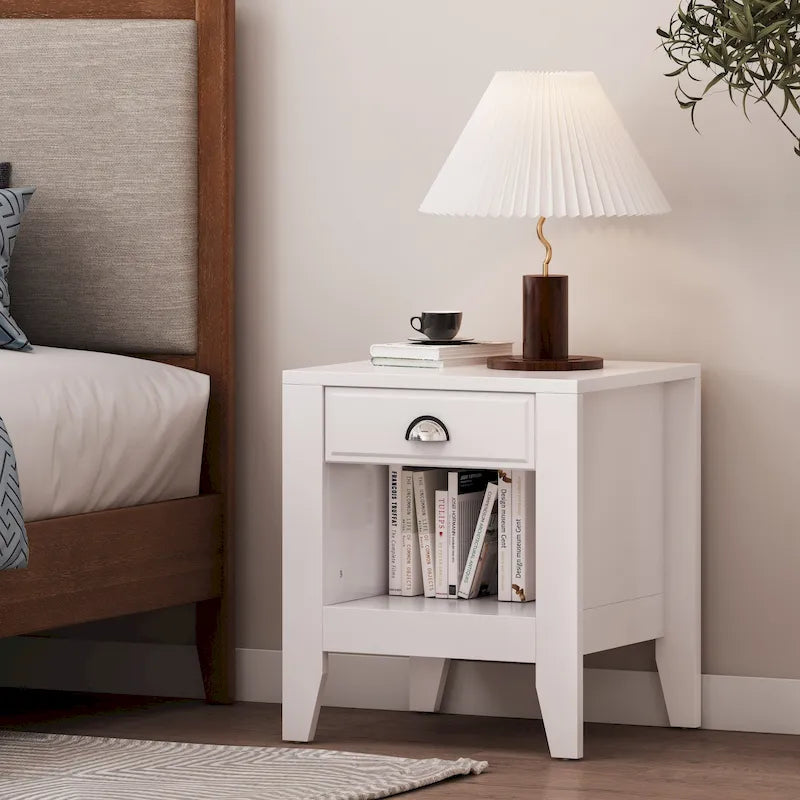 Table de chevet en similibois blanc/noir avec 1 tiroir et étagère ouverte – Simple