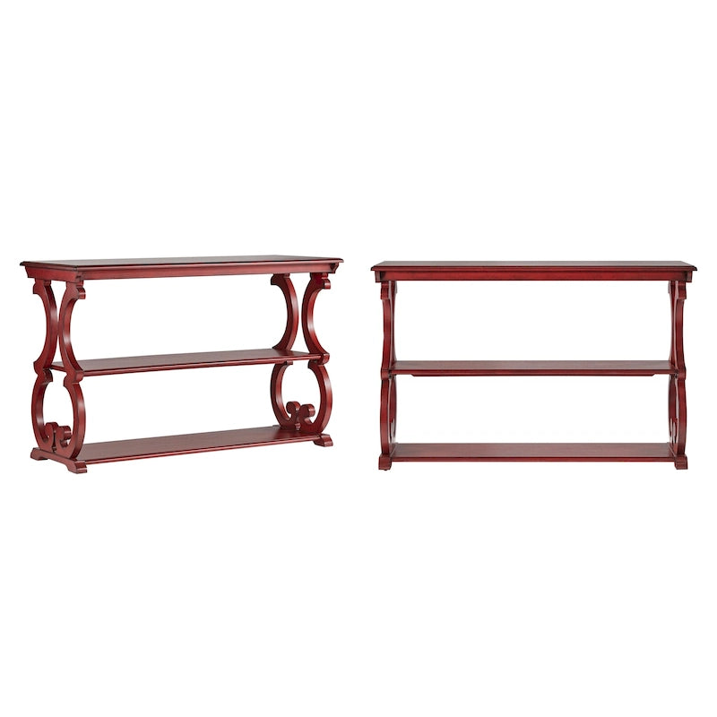 Table console en bois massif à volutes avec 2 étagères – Rouge Baie / Vert Sauge / Chêne / Noir Antique – 48"L