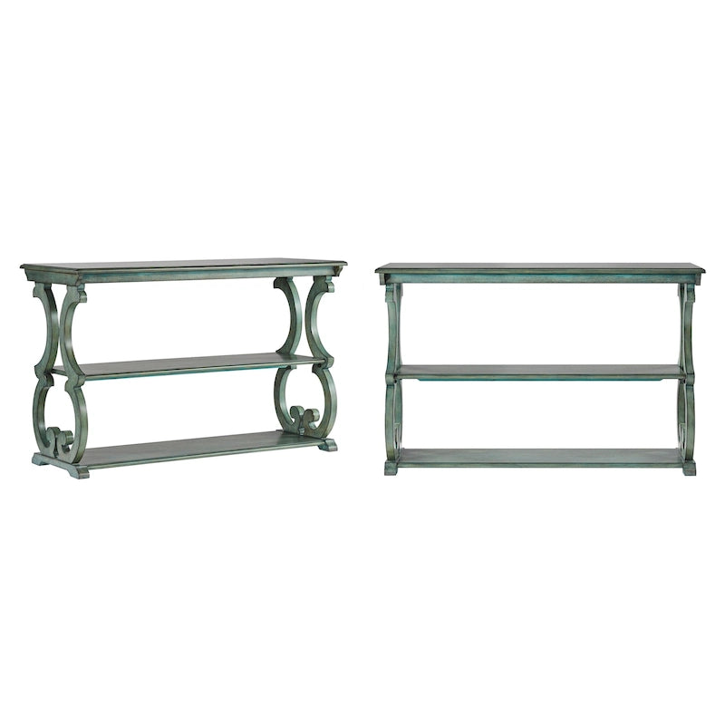 Table console en bois massif à volutes avec 2 étagères – Rouge Baie / Vert Sauge / Chêne / Noir Antique – 48"L